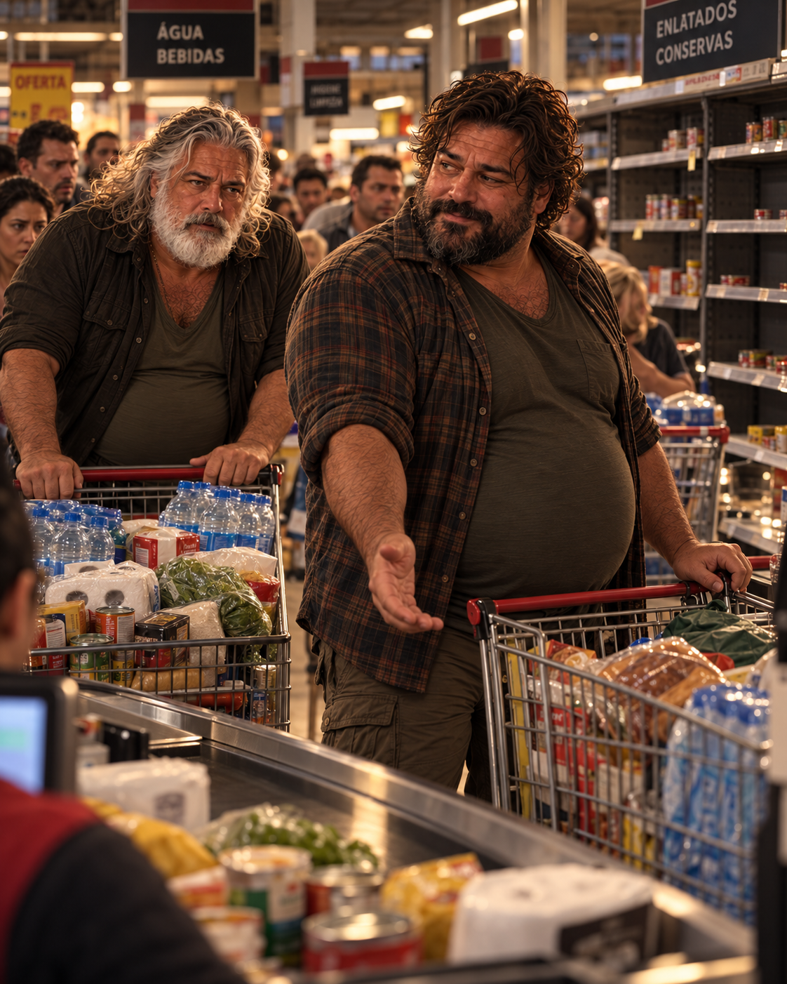Leal cede sua vez na fila do supermercado a Cael, enquanto os demais clientes demonstram apreensão.